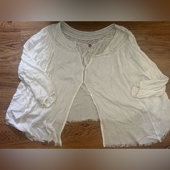 FP one lace trim eyelet frayed distressed gauze sheer button blouse xs/s boho - Picture 2 of 11